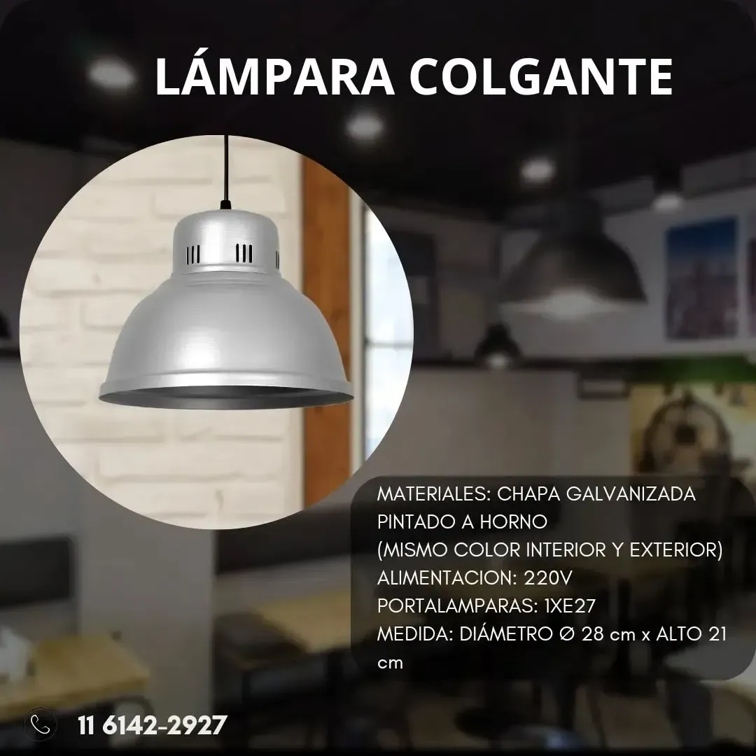 Lámpara colgante de plata con información del producto y número de teléfono.