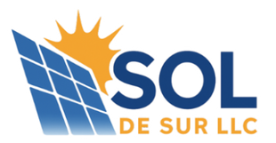 The logo for sol de sur llc shows a sun and solar panels