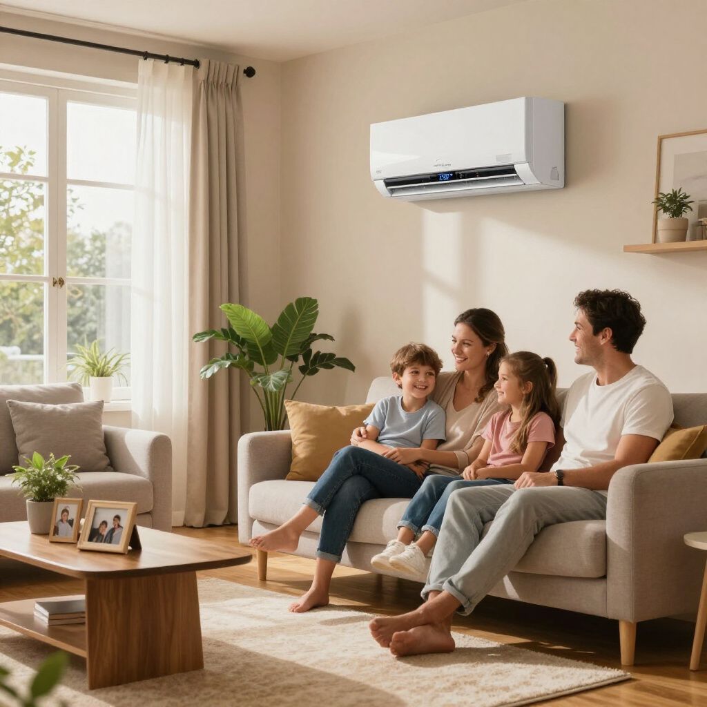 Family sitting on a sofa in a living room with an air conditioner.