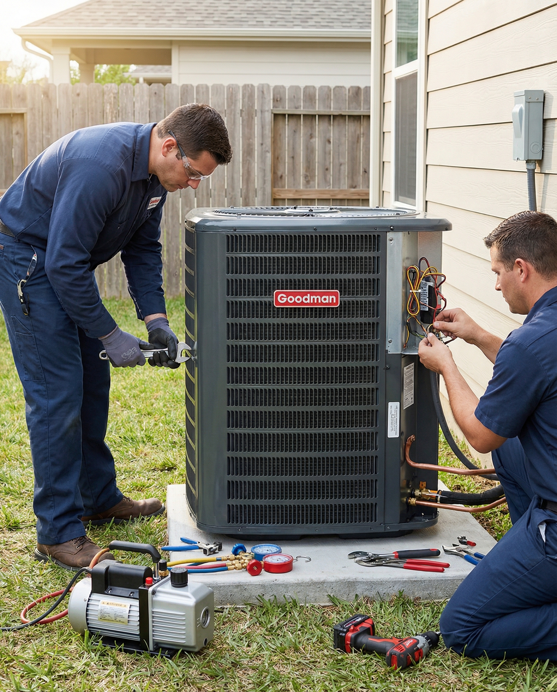Two HVAC technicians working on a Goodman air conditioner unit outdoors, repairing components.
