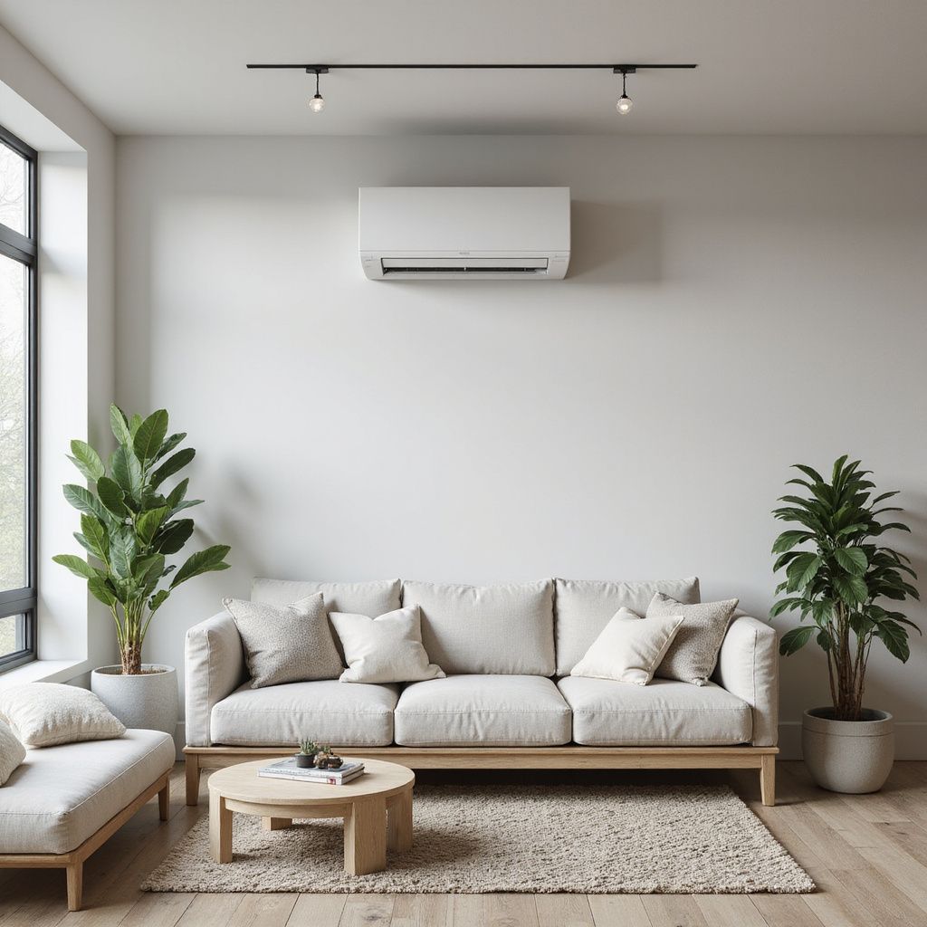 Living room with light-colored sofa, plants, rug, and air conditioner on the wall.