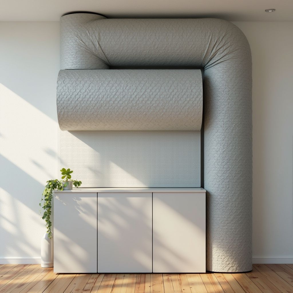 White cabinets under a large, textured ventilation system. Indoor setting with a plant.
