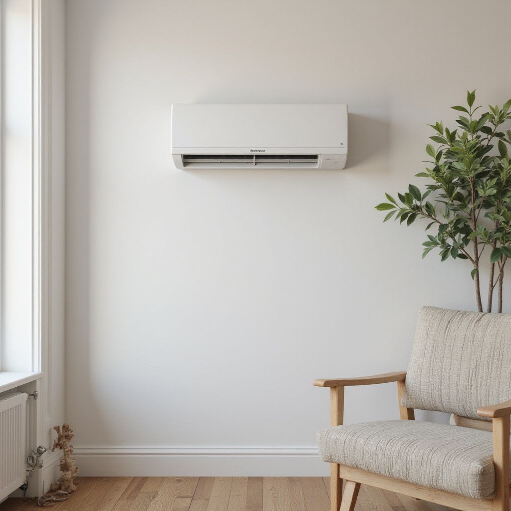 White wall-mounted air conditioner above a wooden armchair, a plant, and a window in a bright room.