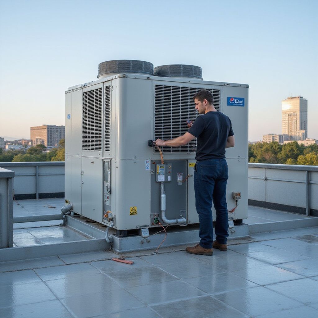 HVAC technician working on rooftop unit. Man in jeans and a t-shirt near the building's skyline.