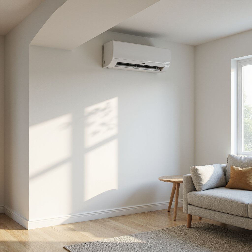 White-walled room with an air conditioner, couch, small table, and window. Sunlight casts shadows on the wall and wooden floor.