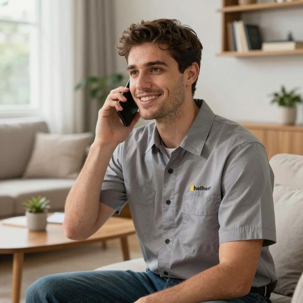 Man smiling while on a phone call, in a living room setting. He is wearing a grey work shirt and blue jeans.