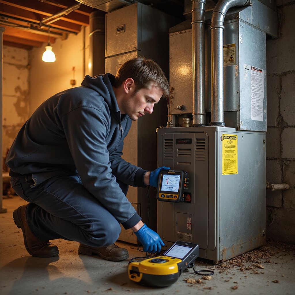 A person in a basement is inspecting a furnace with a diagnostic tool.