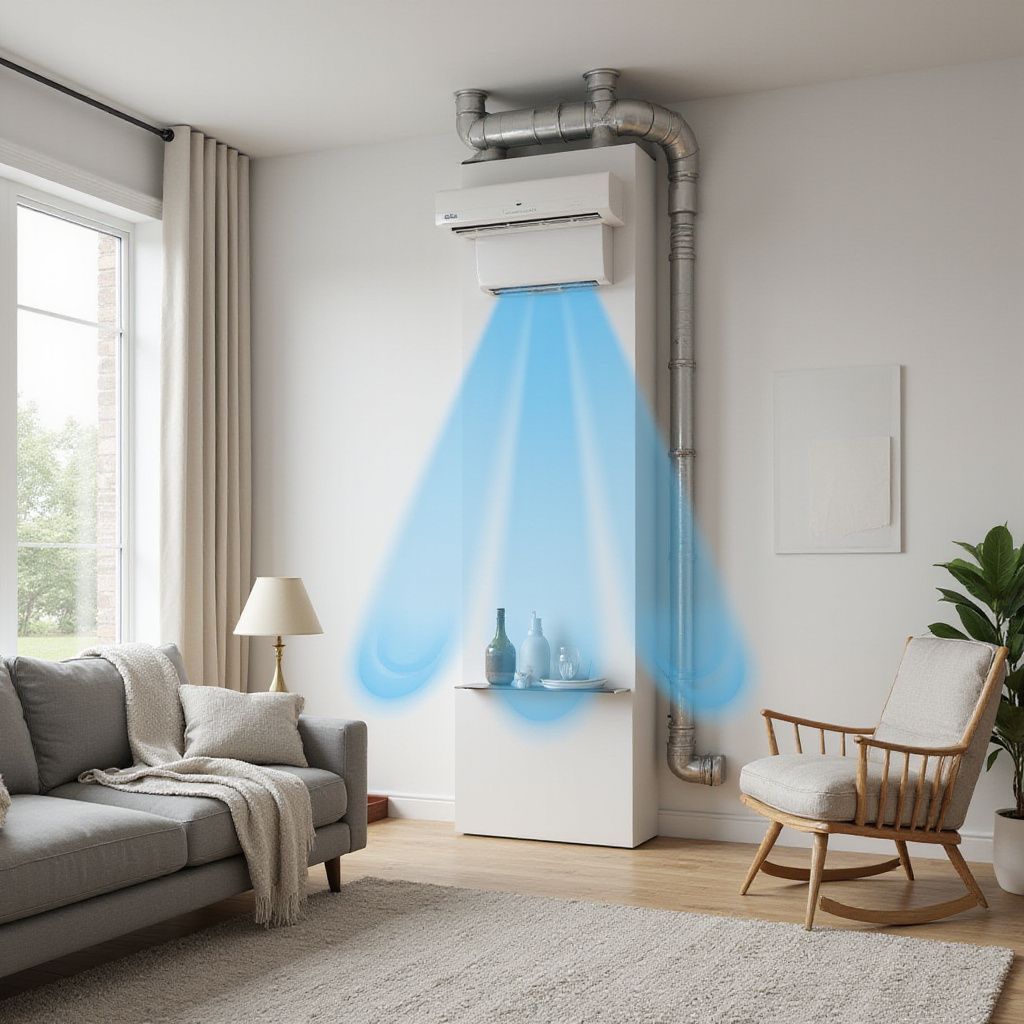 A modern living room with an HVAC system, blue airflow, and neutral decor.