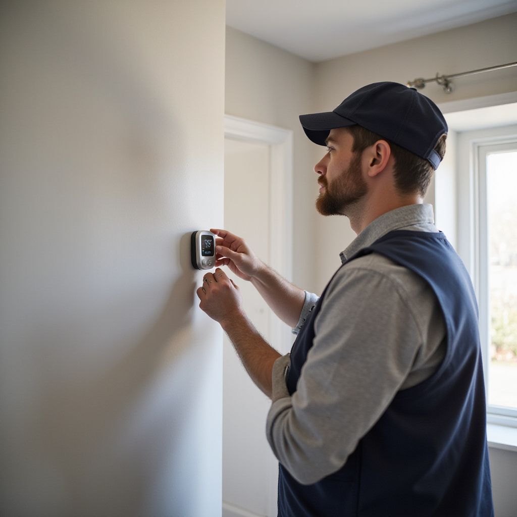 Man in cap adjusts thermostat on a white wall in a hallway. He wears a vest.