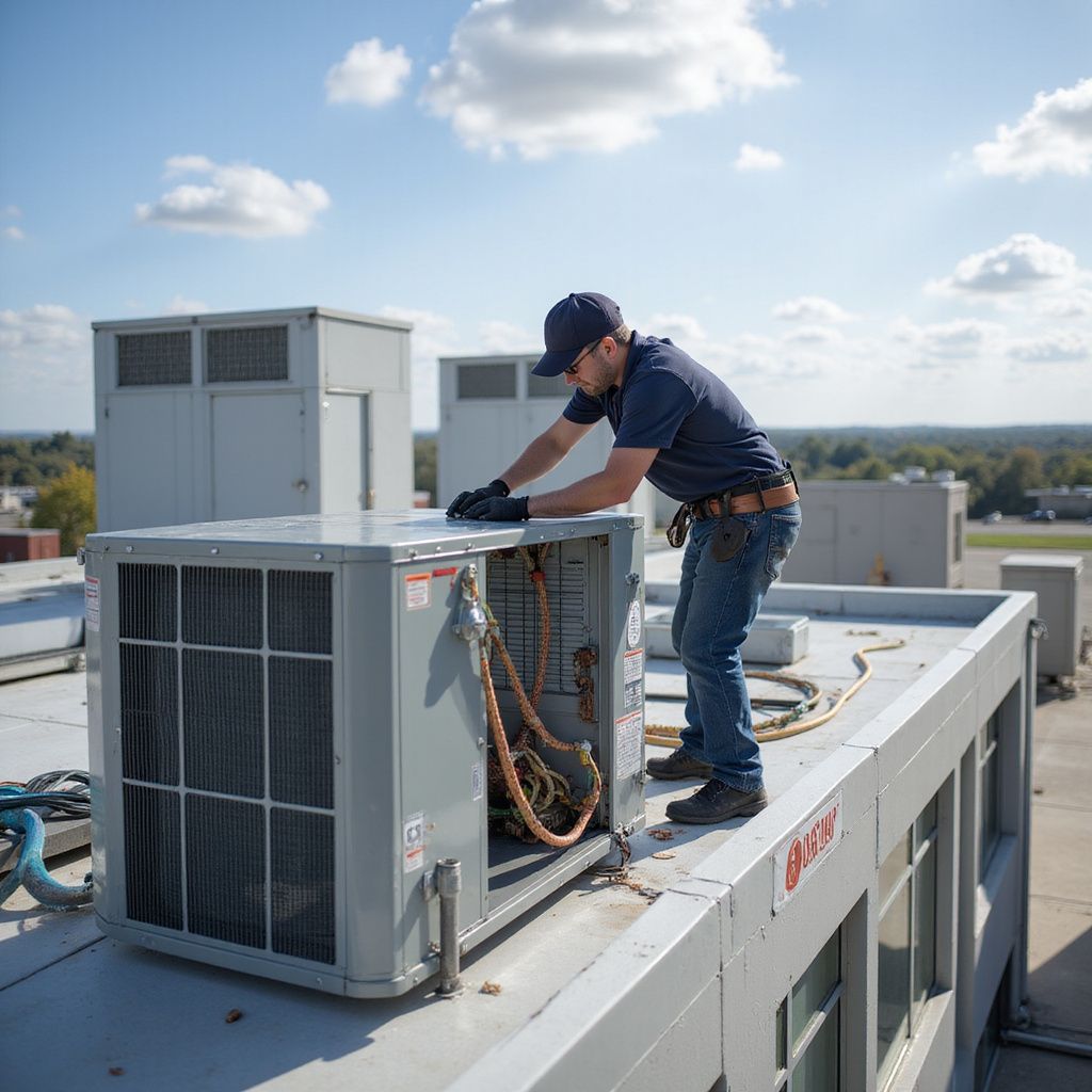 HVAC technician working on an air conditioning unit on a rooftop.