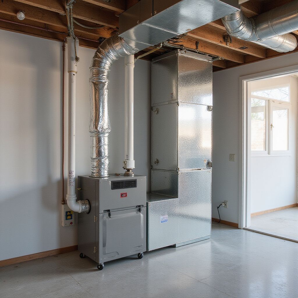 Furnace and air conditioning unit in a basement. Silver ducts and a gray unit are against a light-gray wall.