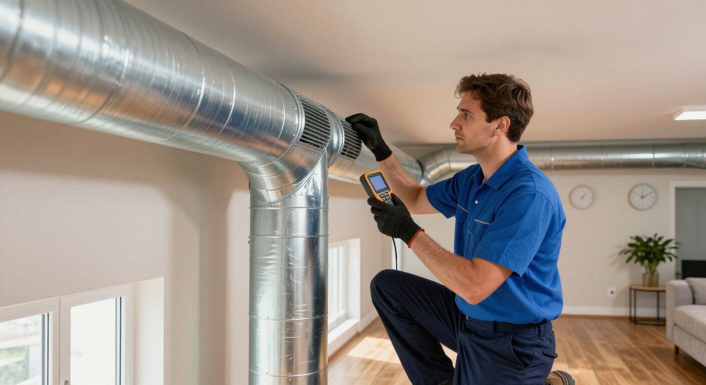 HVAC technician inspecting air duct in a home, wearing blue uniform and black gloves, holding a measurement tool.