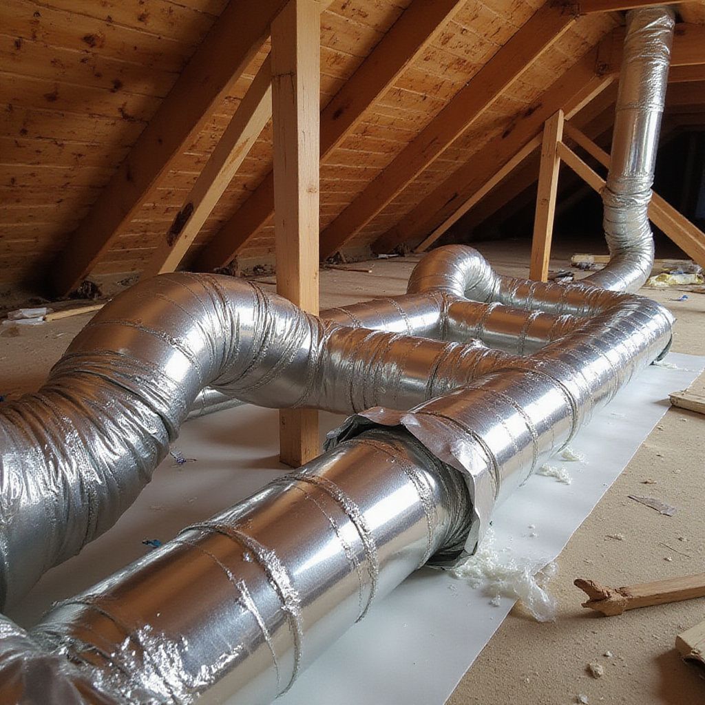 Silver ductwork installed in an unfinished attic with wooden beams and rafters.