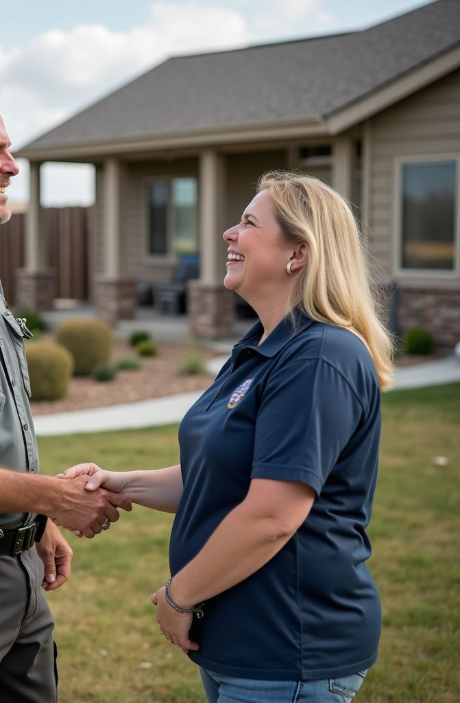 Woman shaking hands, smiling. Man in uniform. House in background. Outdoors.