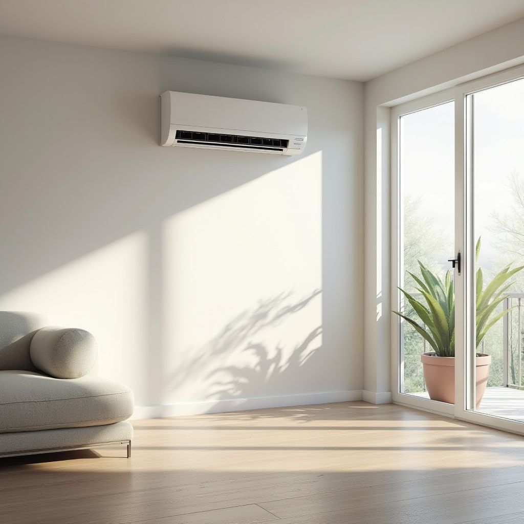 A bright room with an air conditioner on the wall, a sofa, and a balcony with a plant.