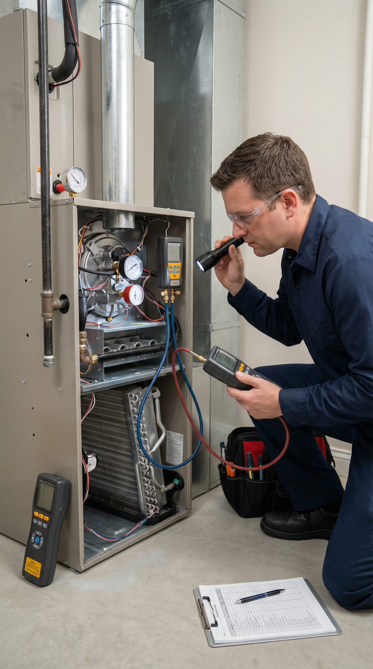 HVAC technician inspects furnace with flashlight, gauges. Kneeling, wearing a blue jumpsuit. Indoor setting.