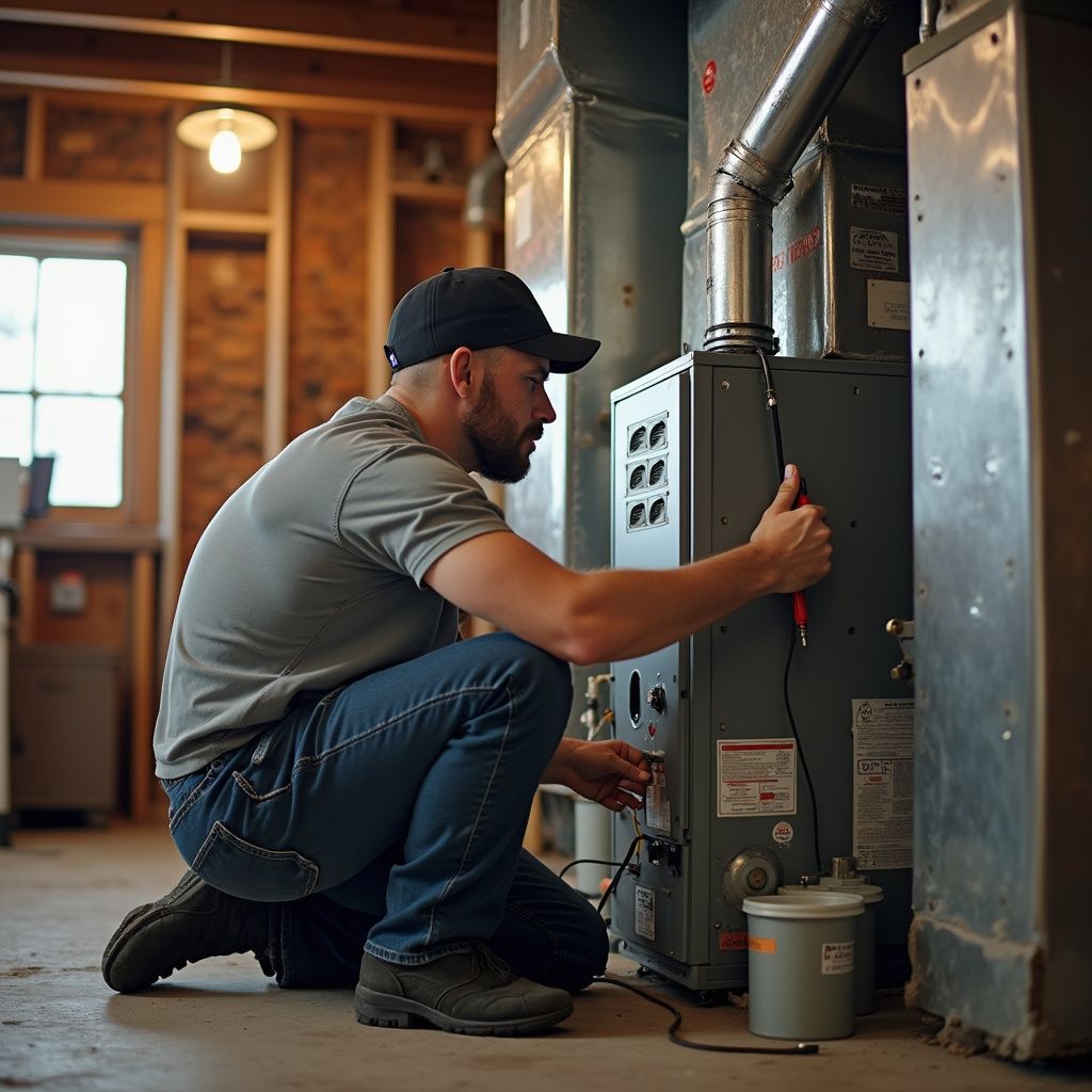 HVAC technician inspecting a furnace, kneeling, wearing a cap and jeans, in a utility room.