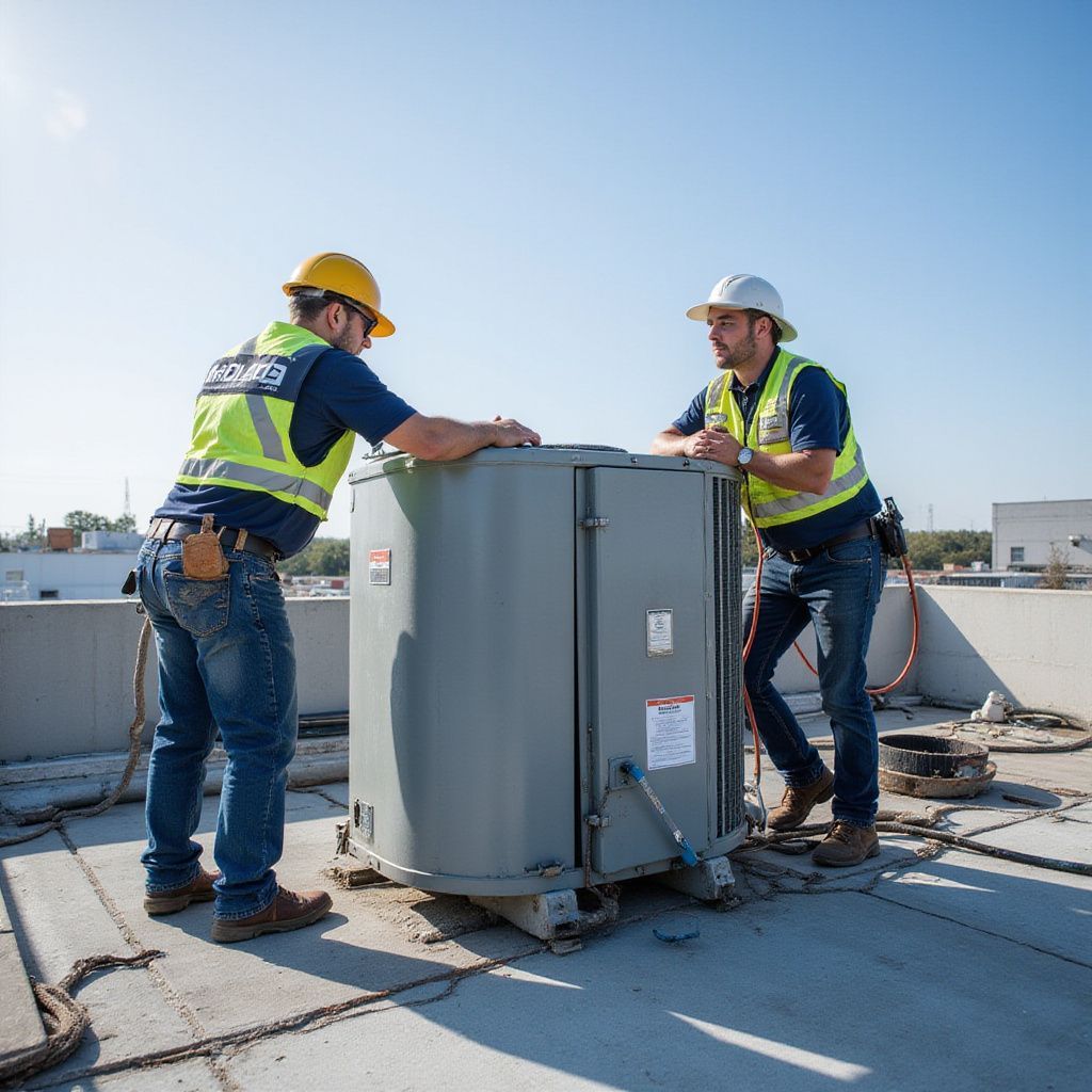 Two HVAC technicians in safety gear inspecting rooftop air conditioning unit.