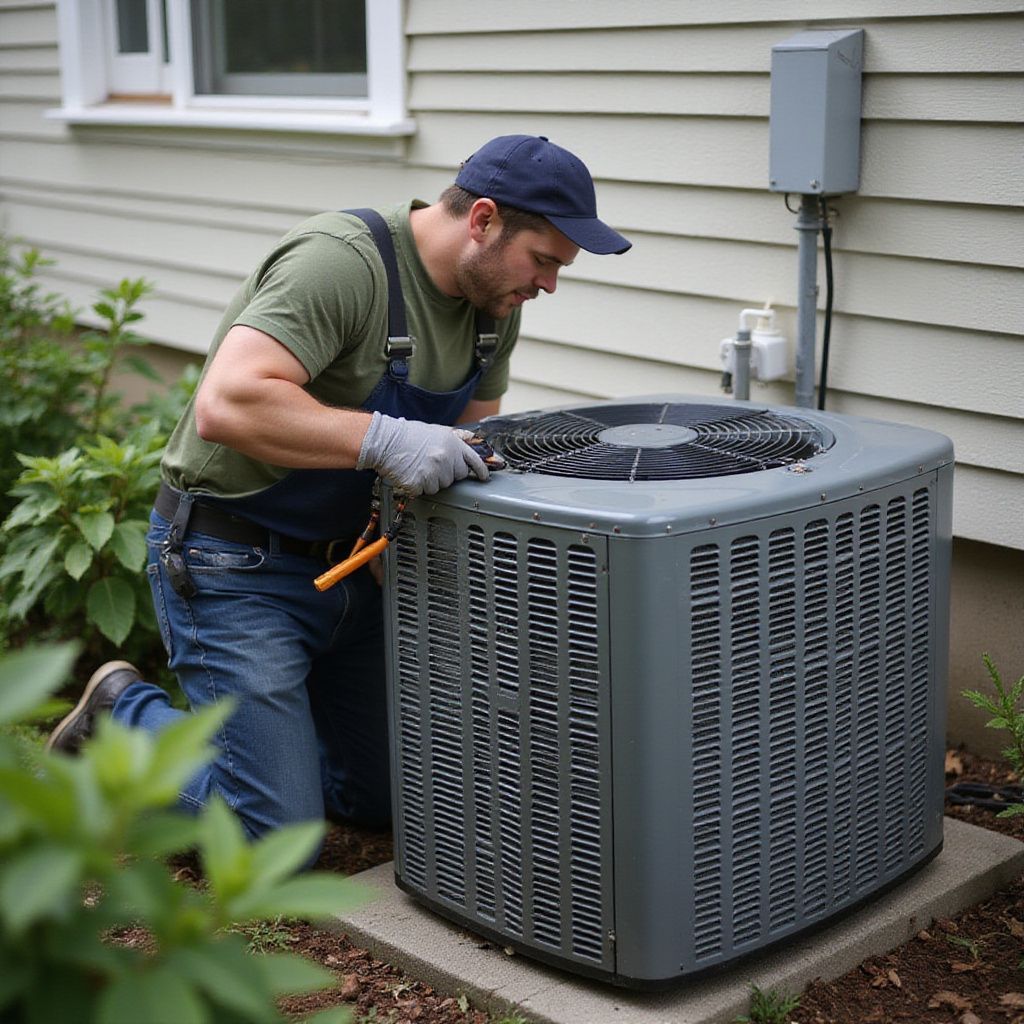 A person kneels near an air conditioning unit, inspecting it. He wears overalls and a hat.