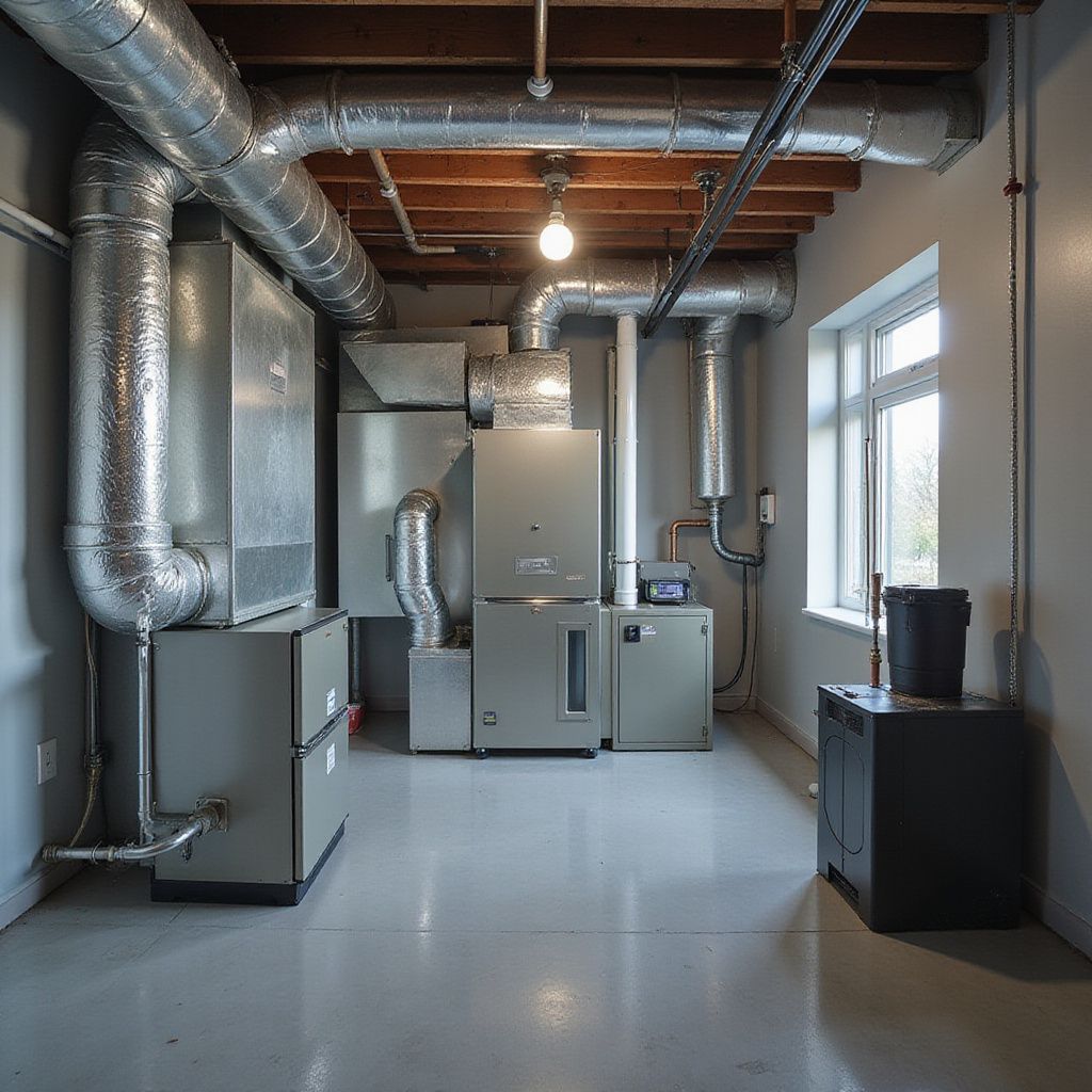HVAC system in a utility room with metallic ductwork, light gray walls, and a window.