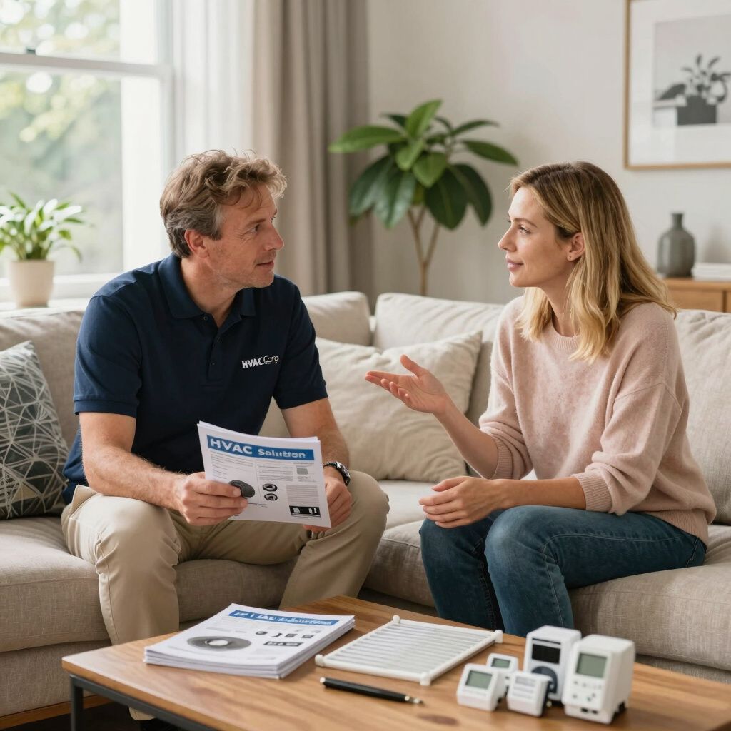 HVAC technician showing brochure to a woman on a couch in a living room, discussing solutions.