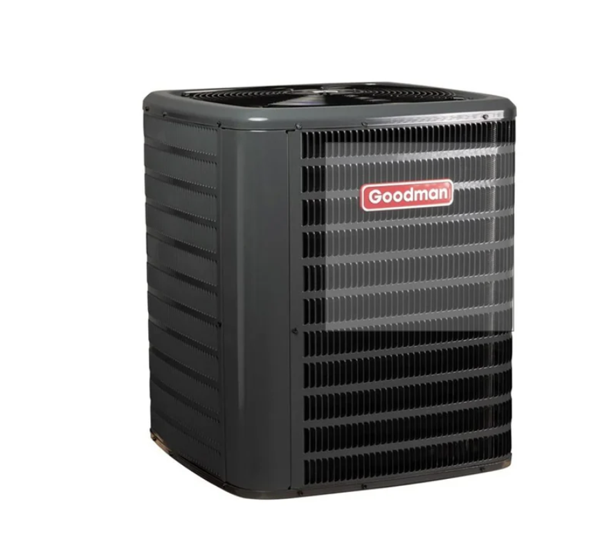 Dark gray Goodman air conditioner unit.