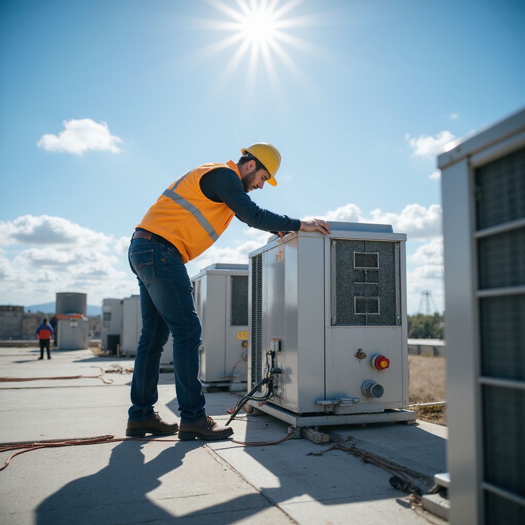 HVAC technician inspecting rooftop unit in the sun, wearing a hard hat and safety vest.