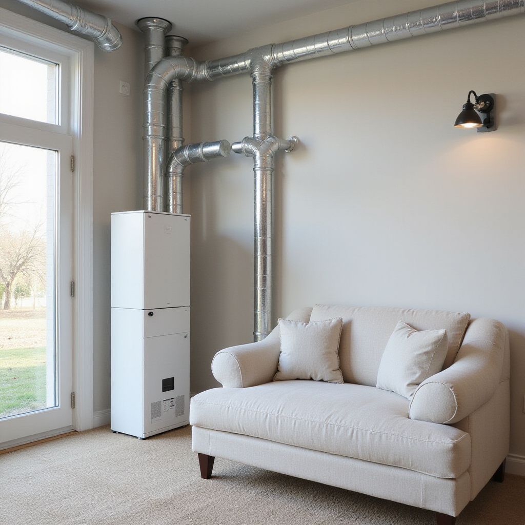 White couch and HVAC unit in a room with a window and ductwork on the wall.