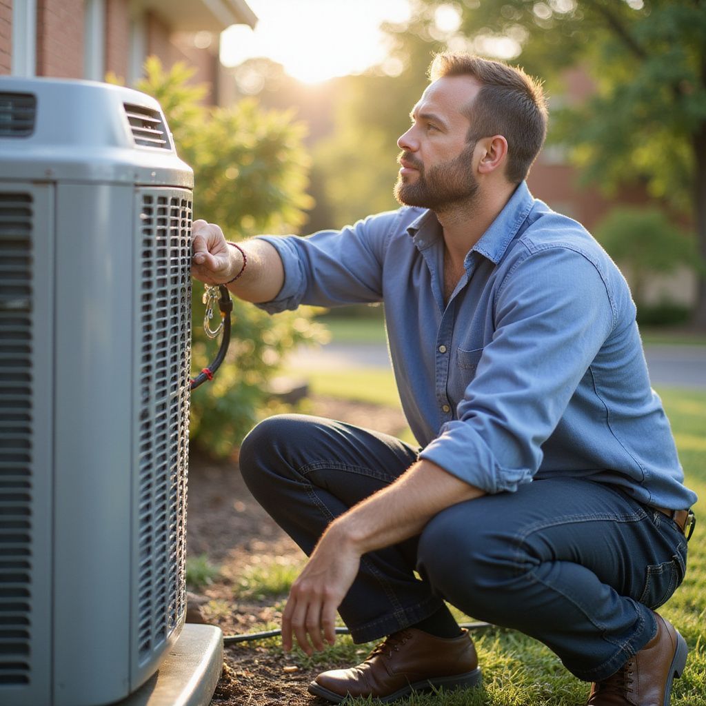 Man inspecting an air conditioning unit outside, squatting with tools, in front of a house, sunny day.