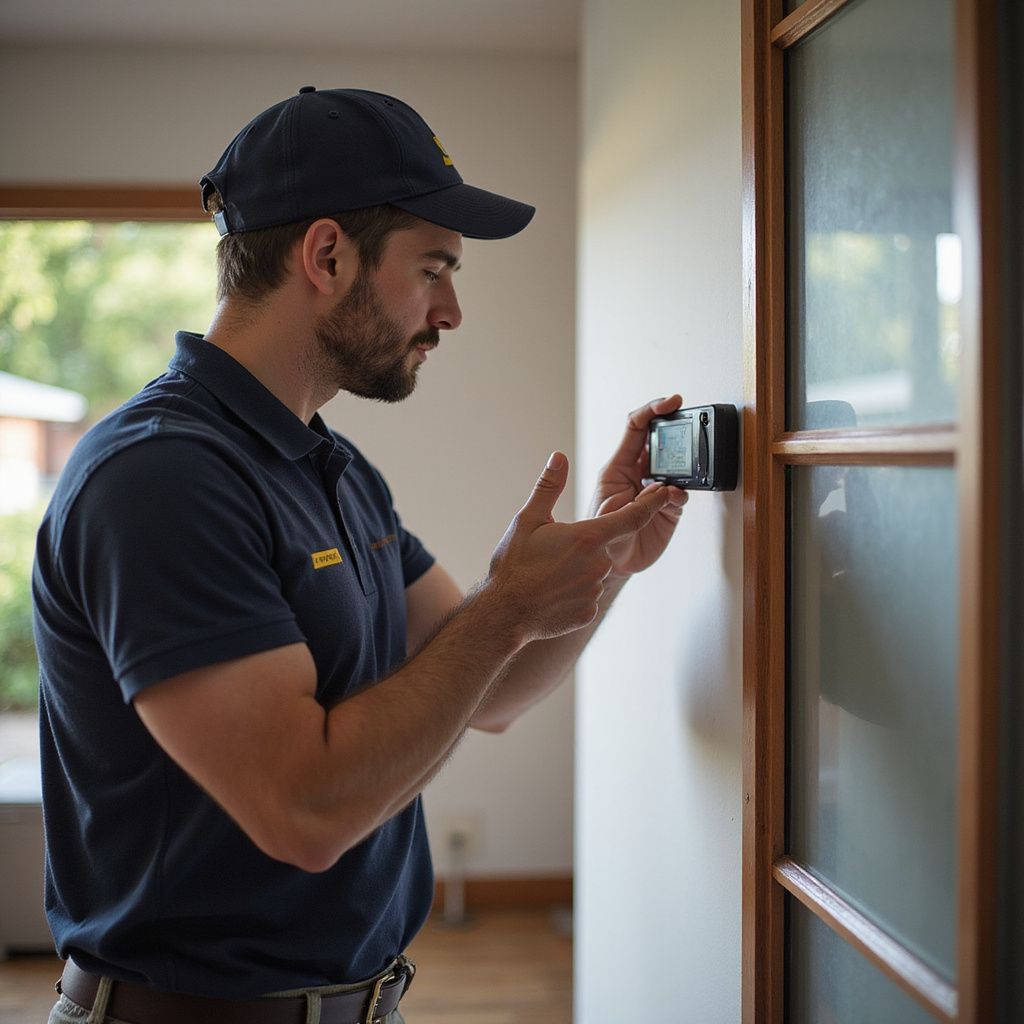 Man in a dark blue uniform installing a thermostat on a white wall next to a wooden door frame.