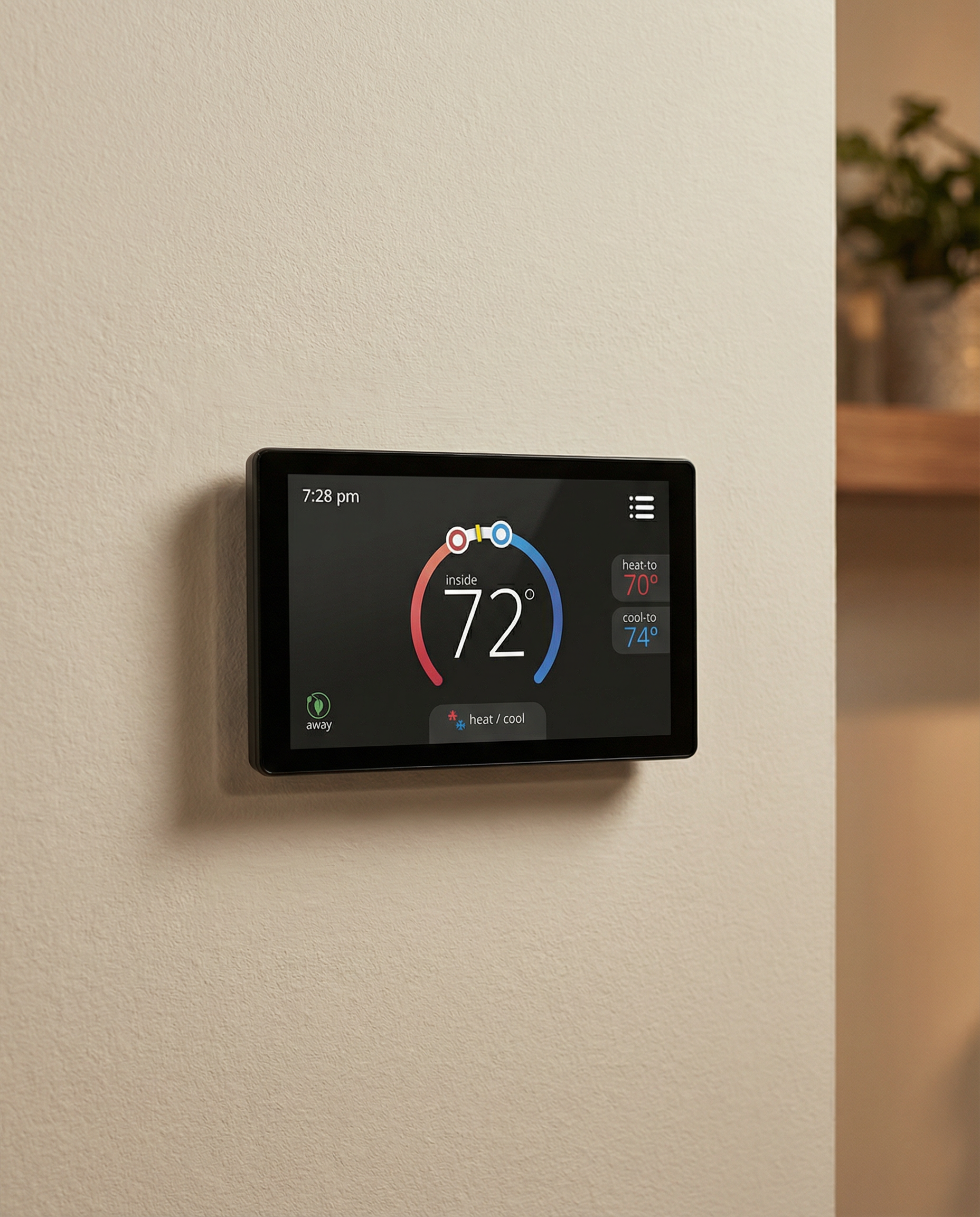 Smart thermostat displaying 72 degrees, mounted on a beige wall.