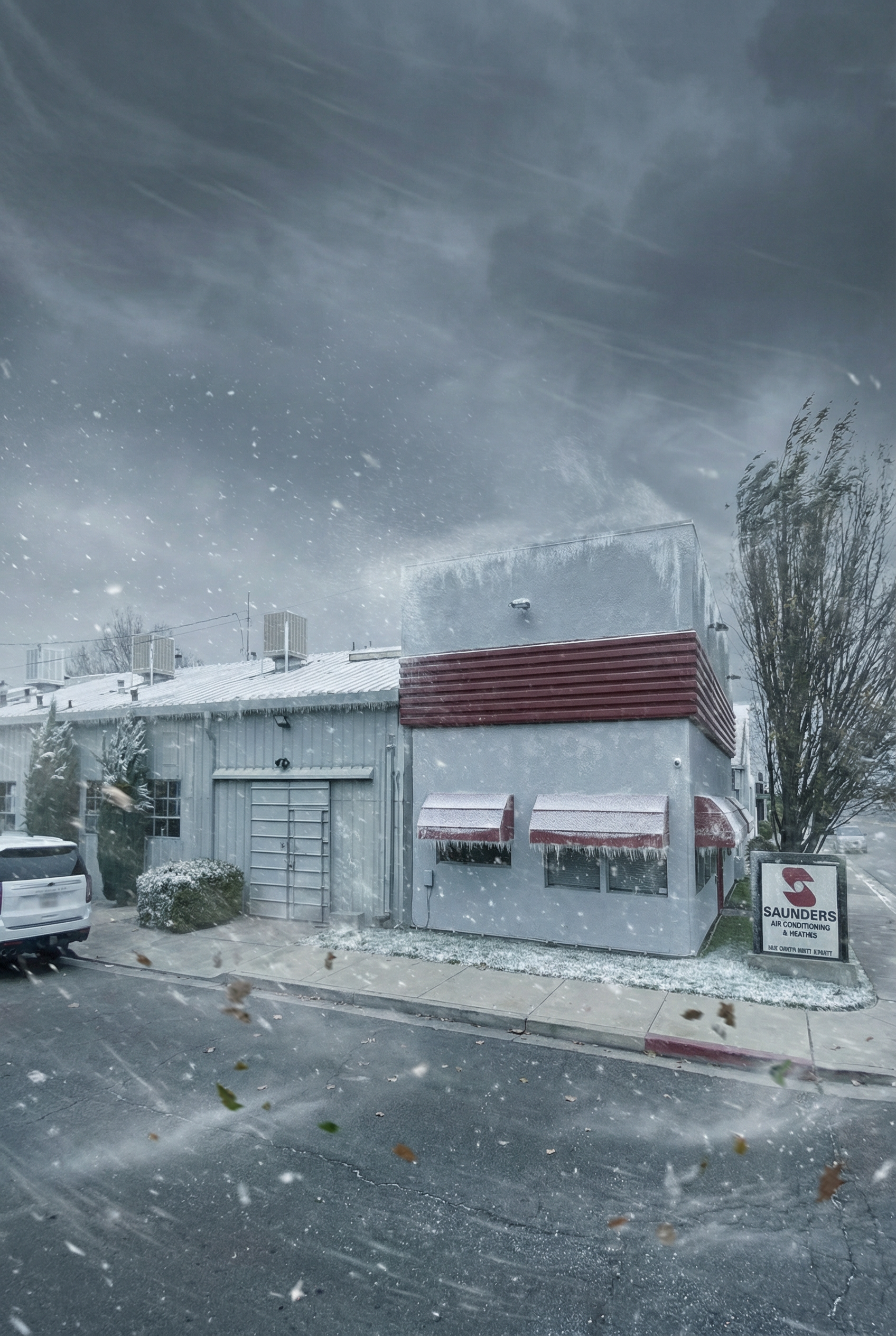 A snowy street scene with a small building, a tree, and a parked vehicle.