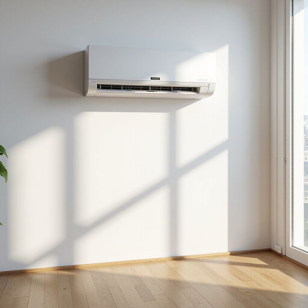 Air conditioning unit mounted on a white wall; natural light and shadow on the wall and floor.