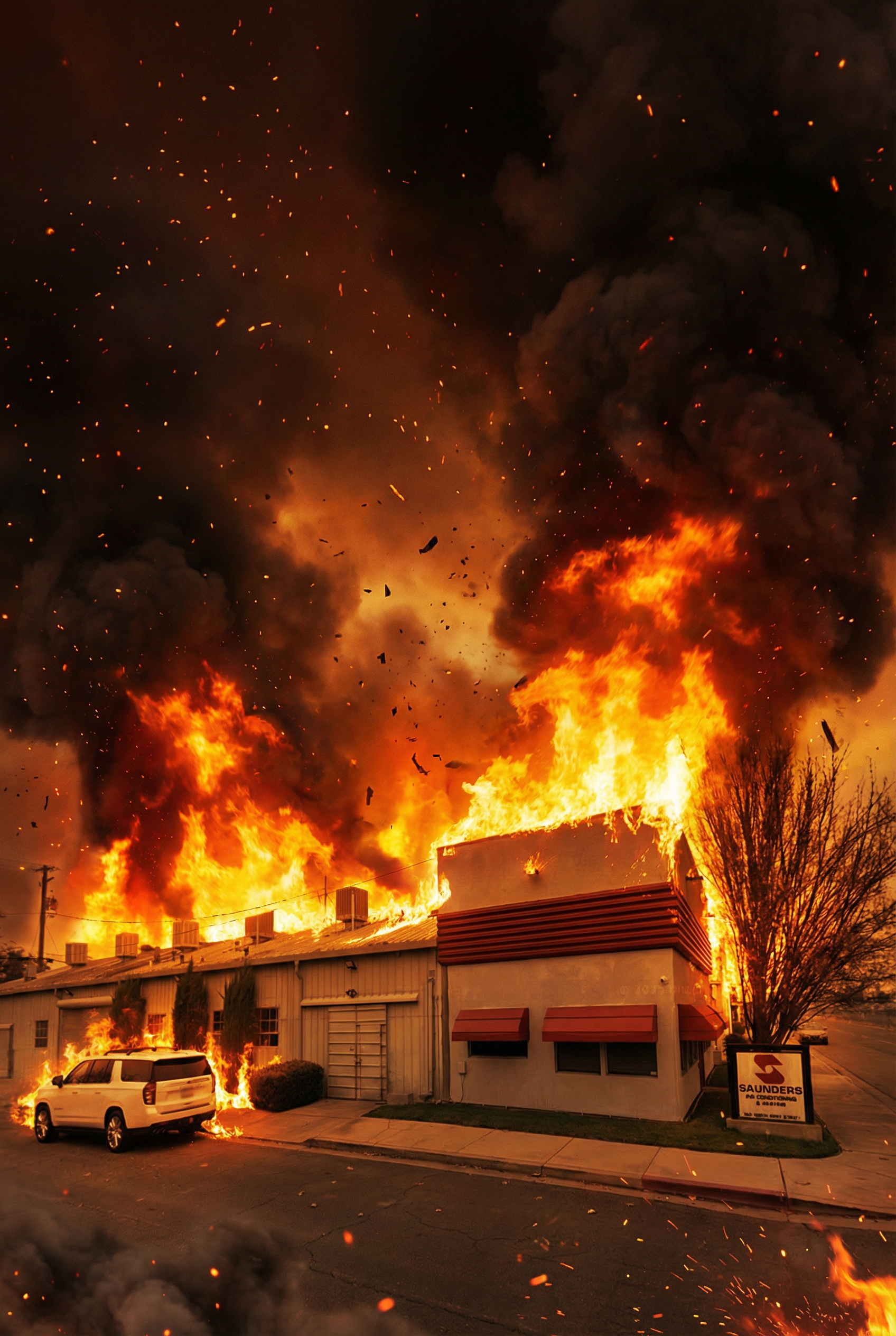 Building engulfed in flames, thick black smoke rising against an orange-red sky. Car parked in front.