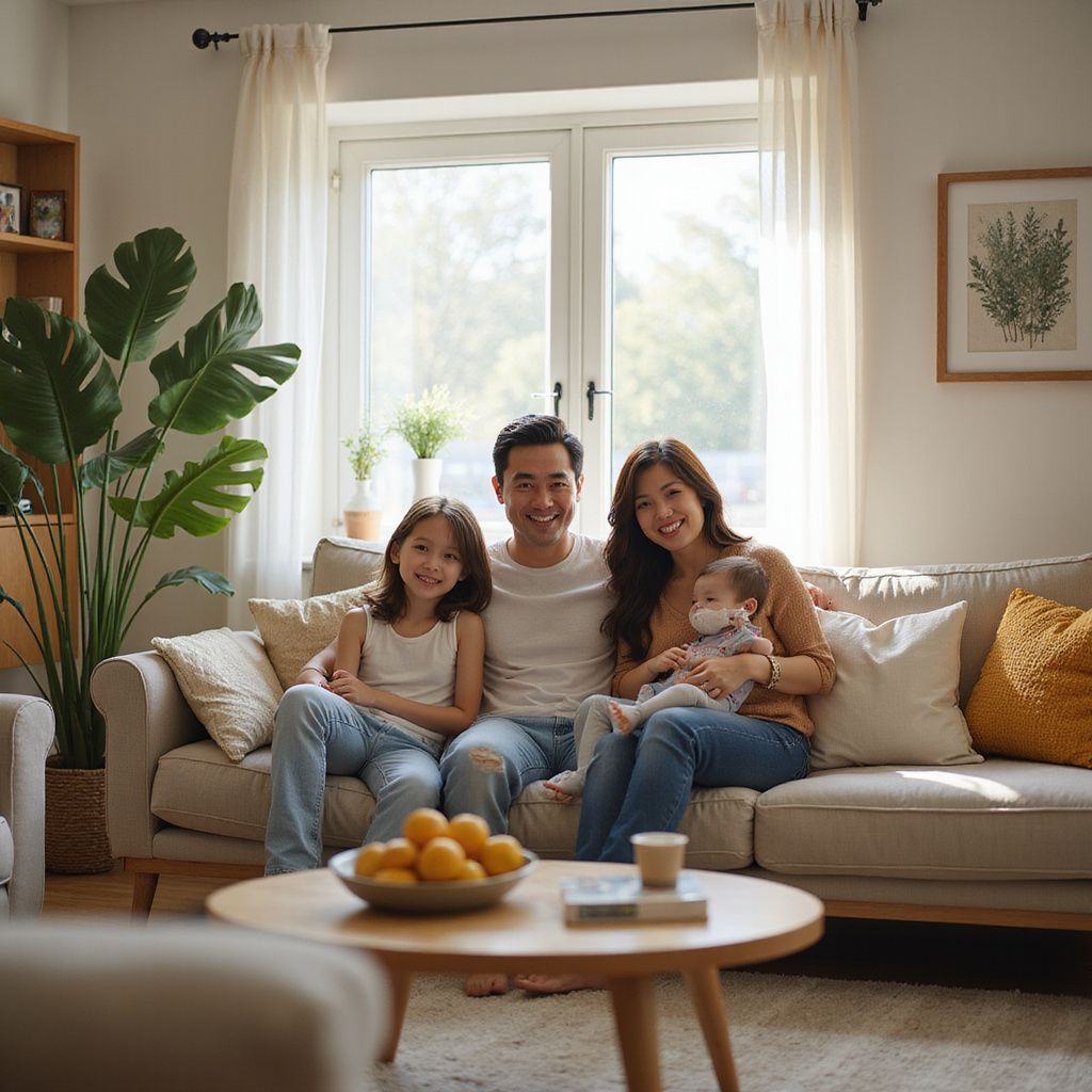 Family of four smiling on a couch in a bright living room, with a round coffee table in the foreground.