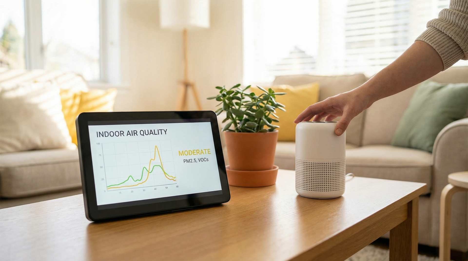 A person's hand reaching for a white humidifier on a coffee table next to a screen displaying a graph and a potted plant in a living room.