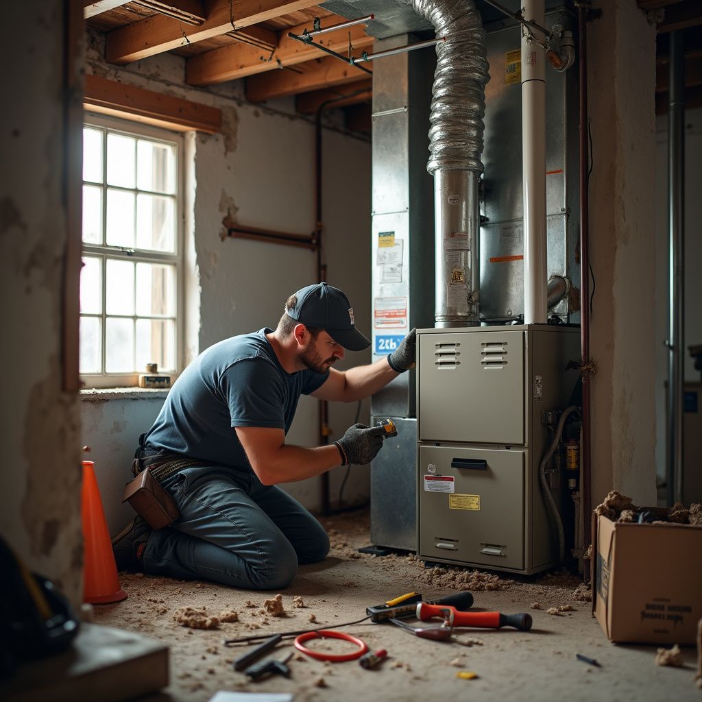A person kneels, working on a furnace in a dimly lit room with tools scattered around.