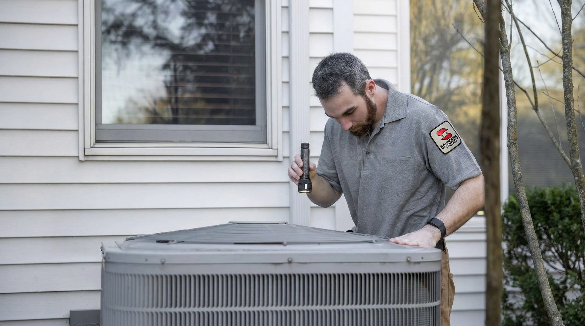 HVAC technician examines an air conditioning unit with a flashlight outside a house.