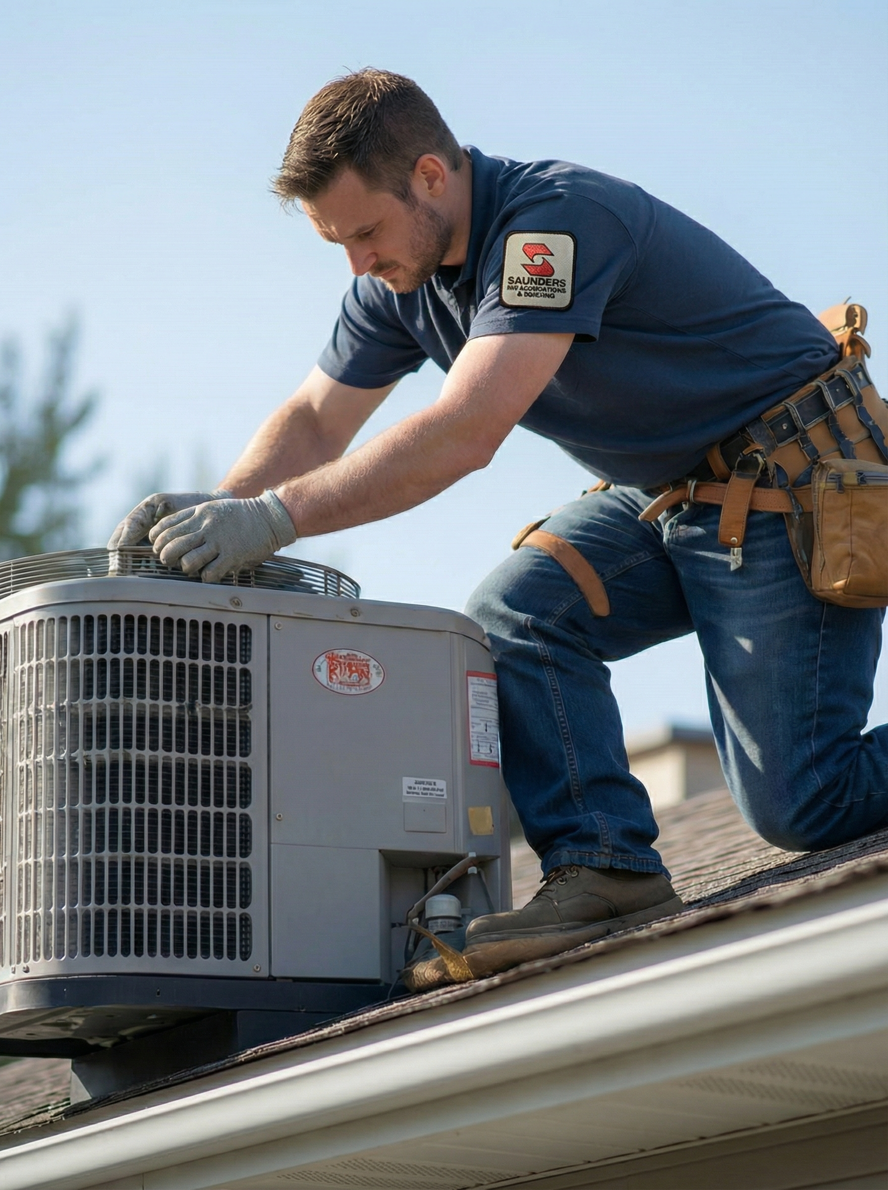 HVAC technician in blue shirt installing an AC unit on a rooftop.