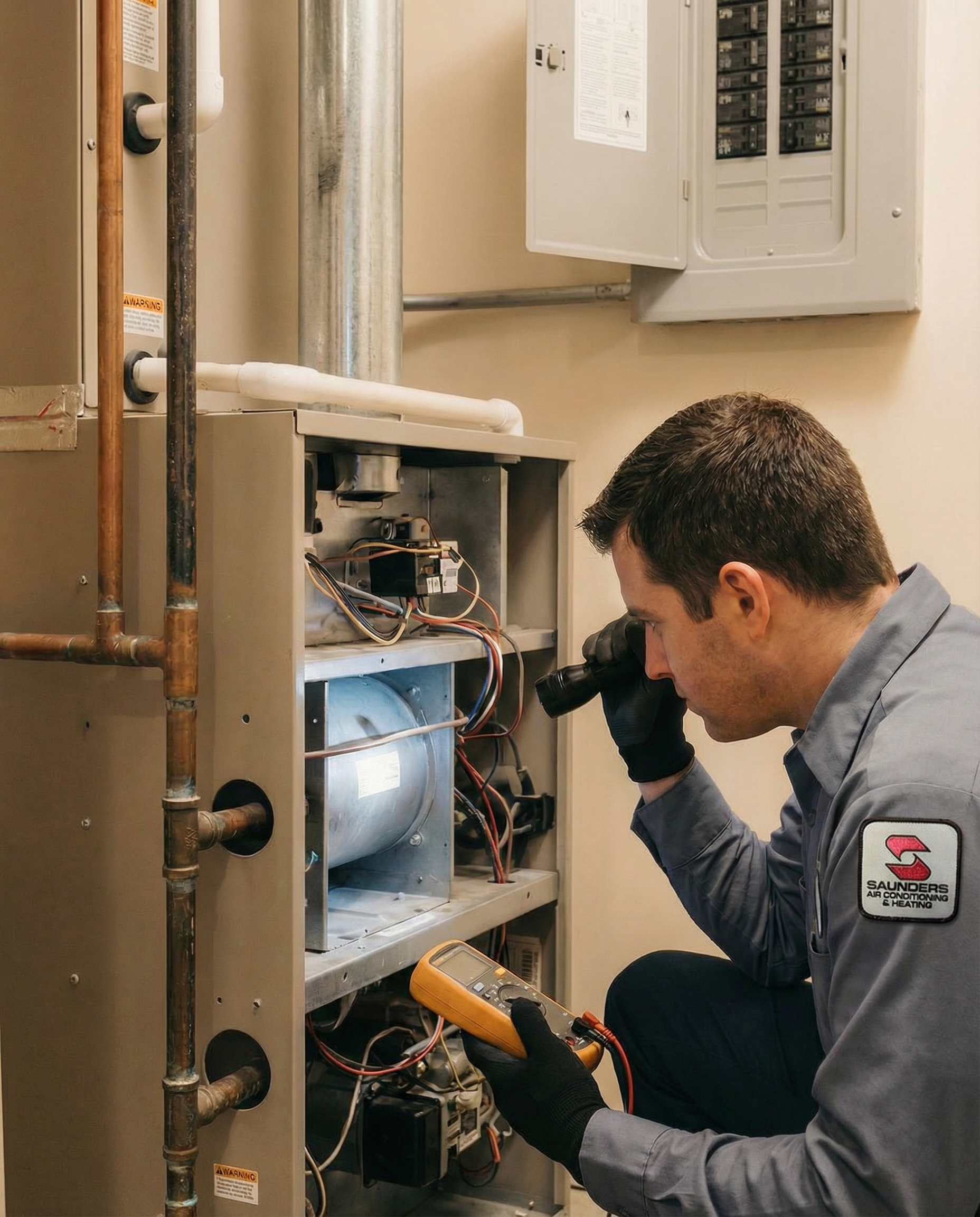 HVAC technician inspects furnace with flashlight and multimeter. He kneels near the unit in a utility room.
