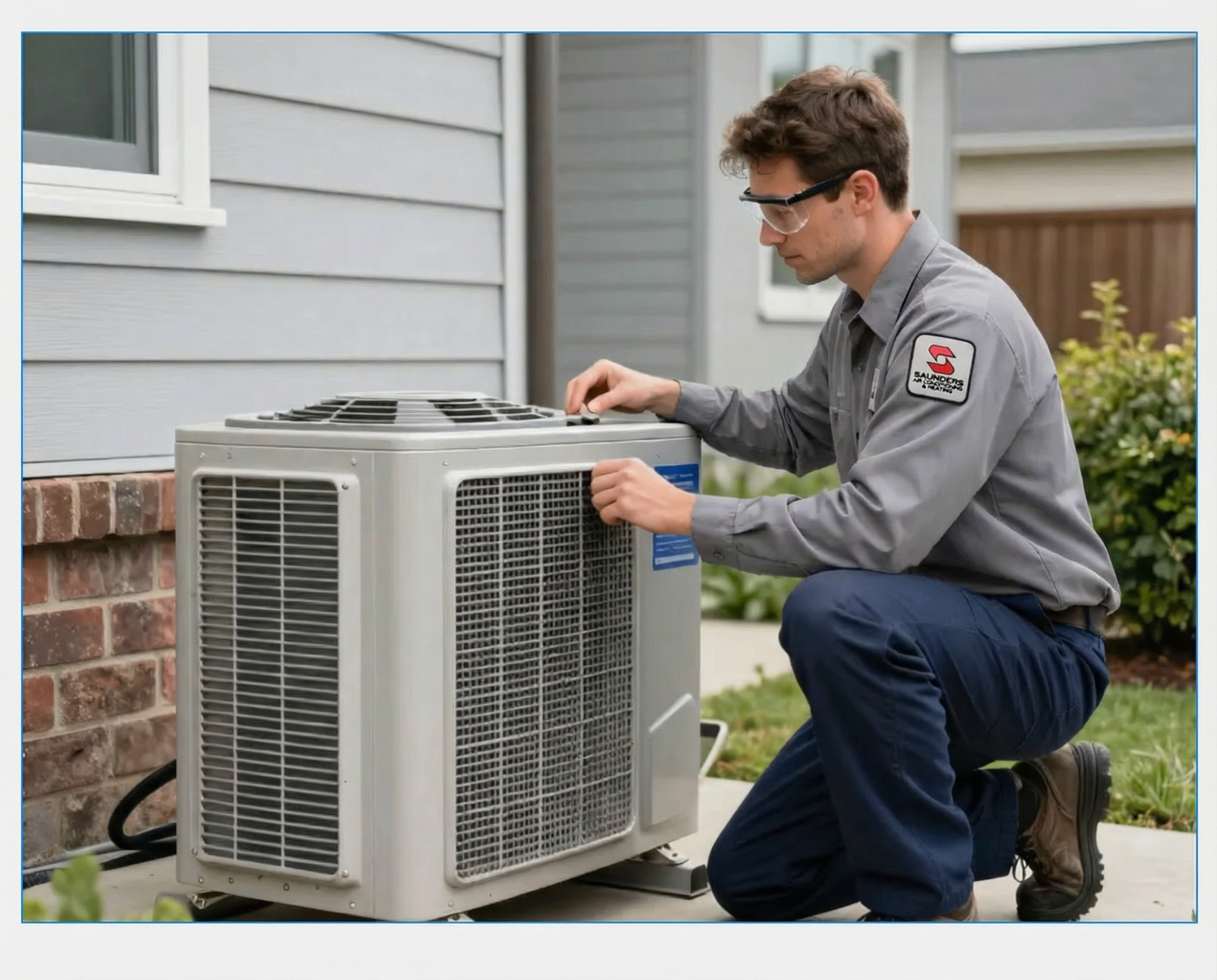 HVAC technician kneeling by an AC unit outside a house, inspecting it.