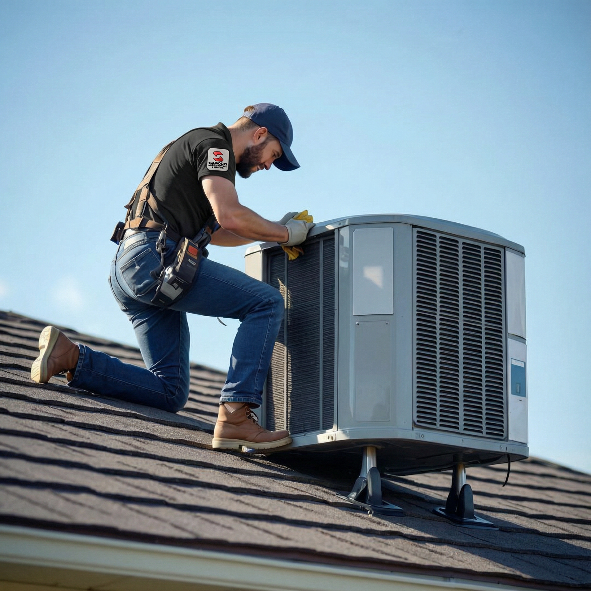 Saunders Certified HVAC technician installing a new heat pump on a roof
