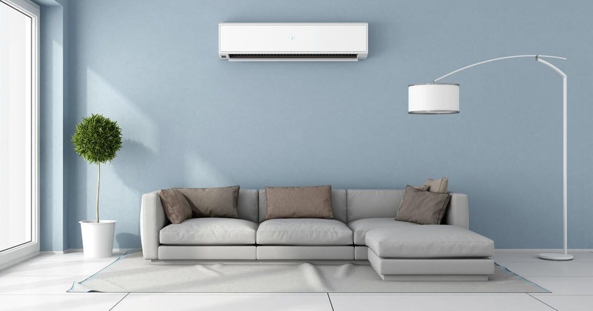 Modern living room with blue walls, gray couch, floor lamp, air conditioner, and potted tree.