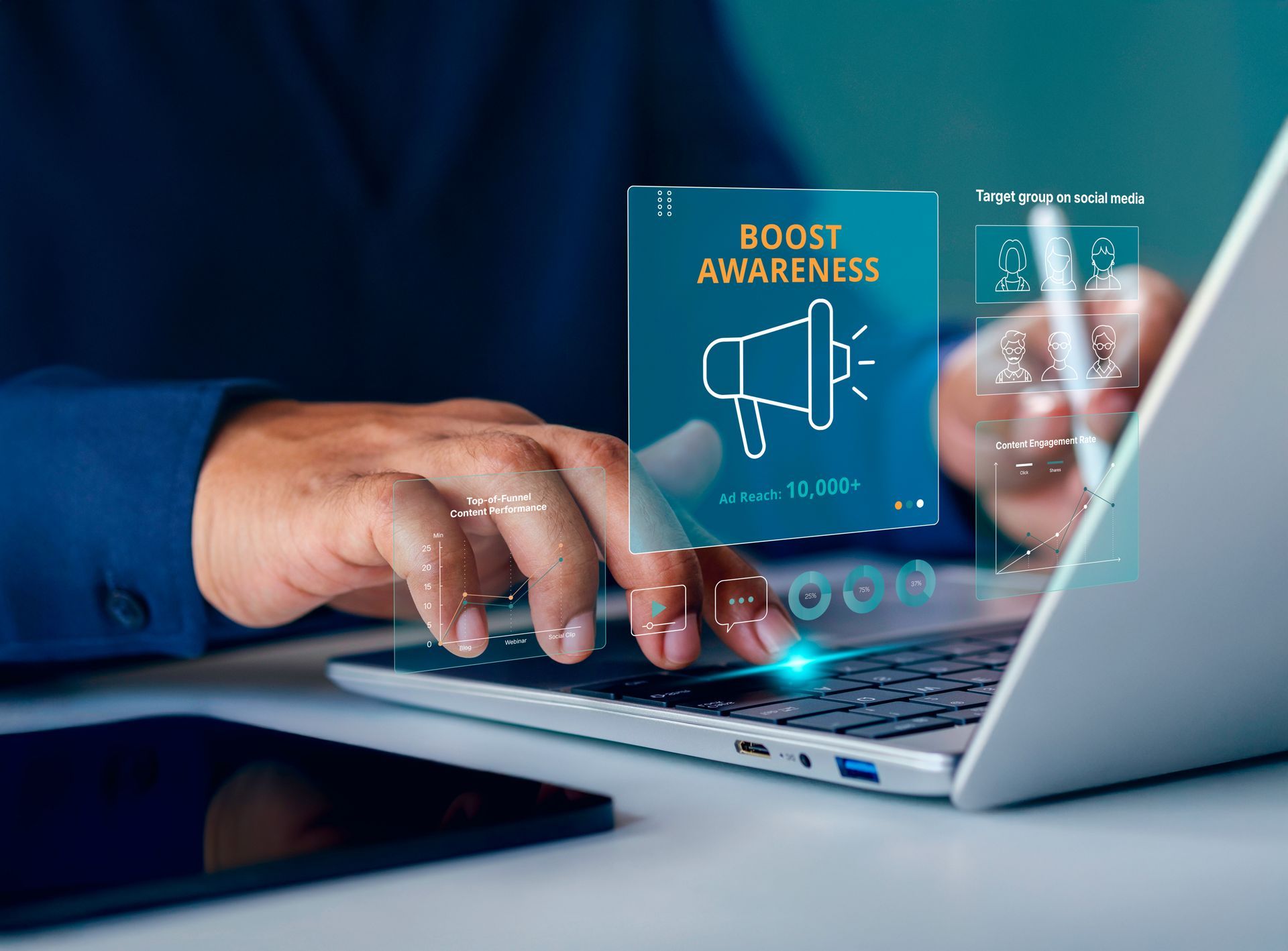Woman holding colorful shopping bags, symbolizing consumer engagement to increase brand awareness.