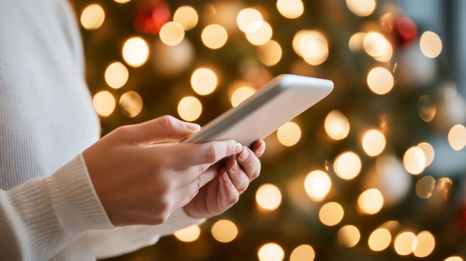 A woman is using a cell phone in front of a christmas tree.