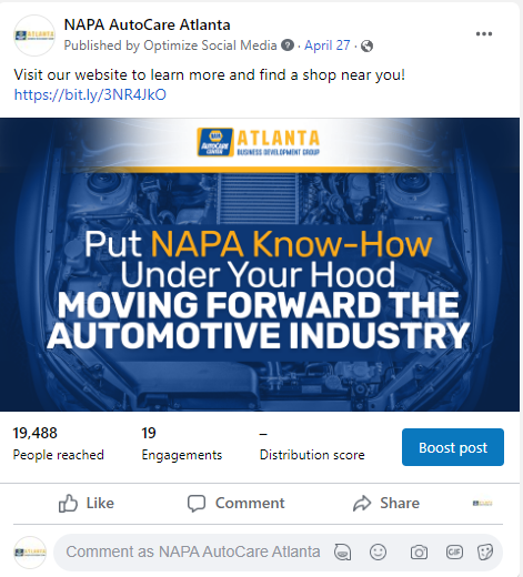 A facebook post from napa autocare atlanta says put napa know-how under your hood moving forward the automotive industry