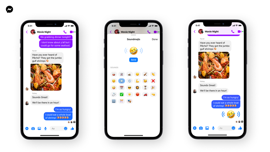 A screenshot of a messenger app on three different phones.