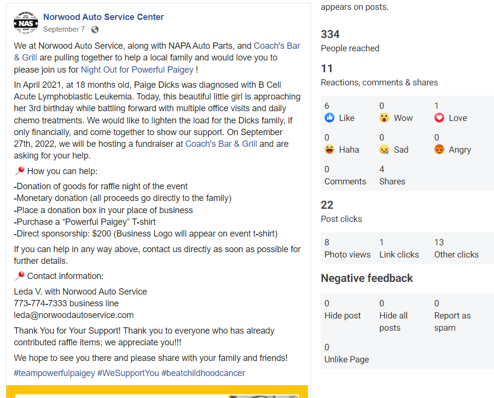 A screenshot of a facebook page for a car service center.
