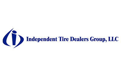 The logo for independent tire dealers group , llc is blue and white.