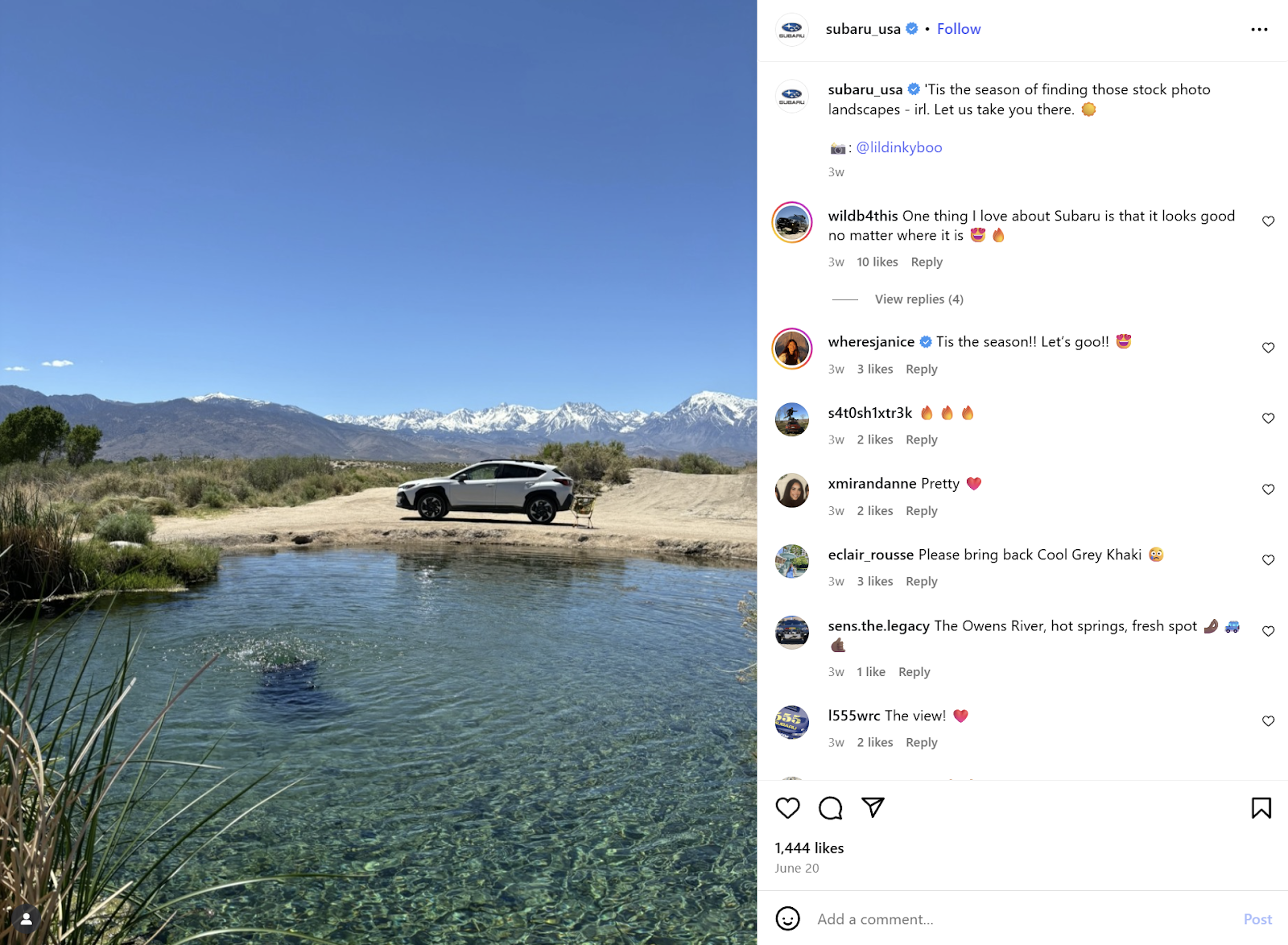 Subaru parked near mountain spring using high converting ad copy for outdoor appeal